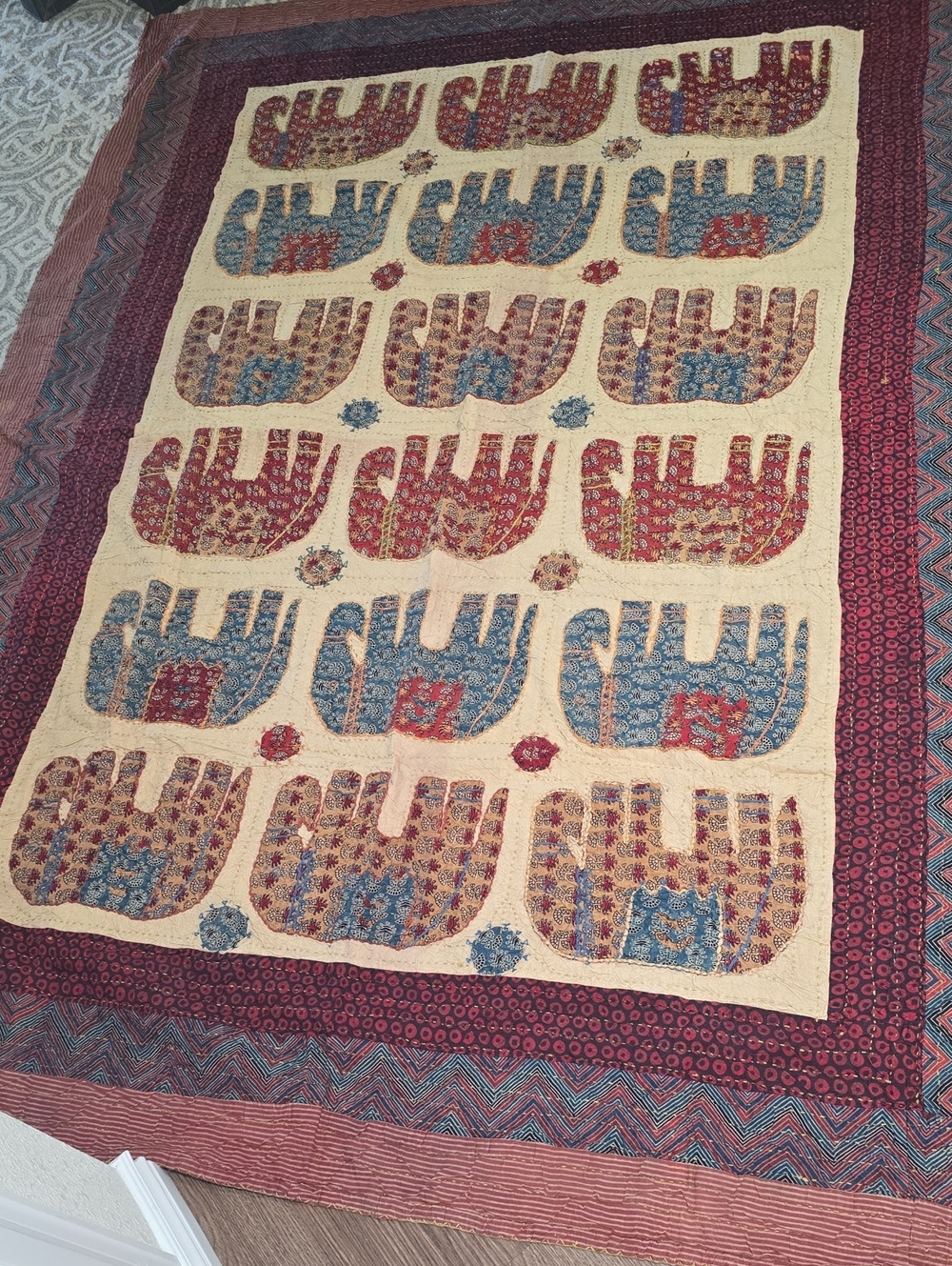 Handmade Block Elephant - Block Print Cotton Quilt in Cream, Blue & Red 62"/ 83"